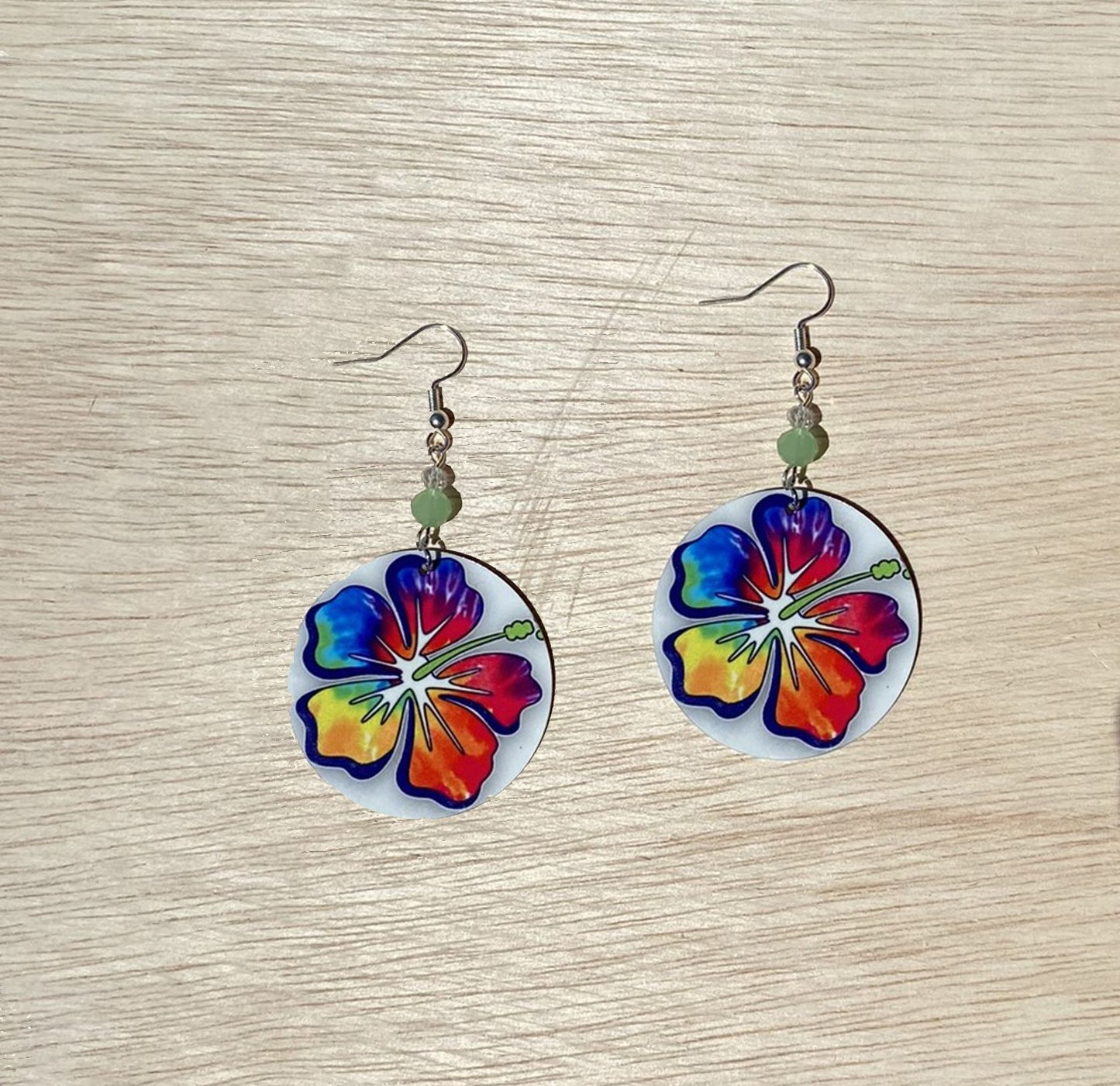 tiedye hibiscus round Dangle Earrings with a glass beads. A Unique gift idea