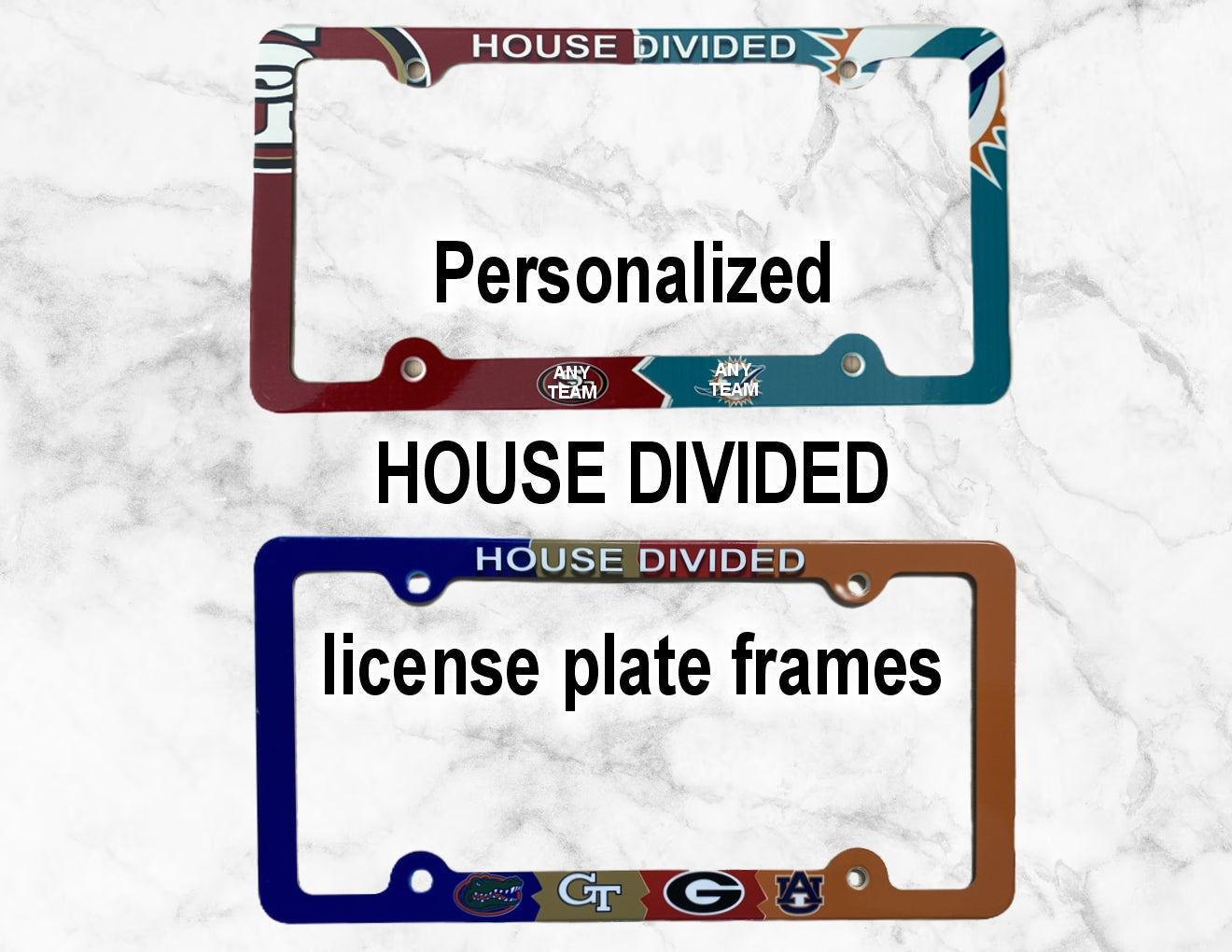 Personalized House Divided License Plate Frame Decorative License Plate Holder with any school, Sport Team or military branch