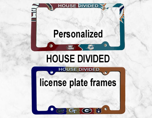 Personalized House Divided License Plate Frame Decorative License Plate Holder with any school, Sport Team or military branch