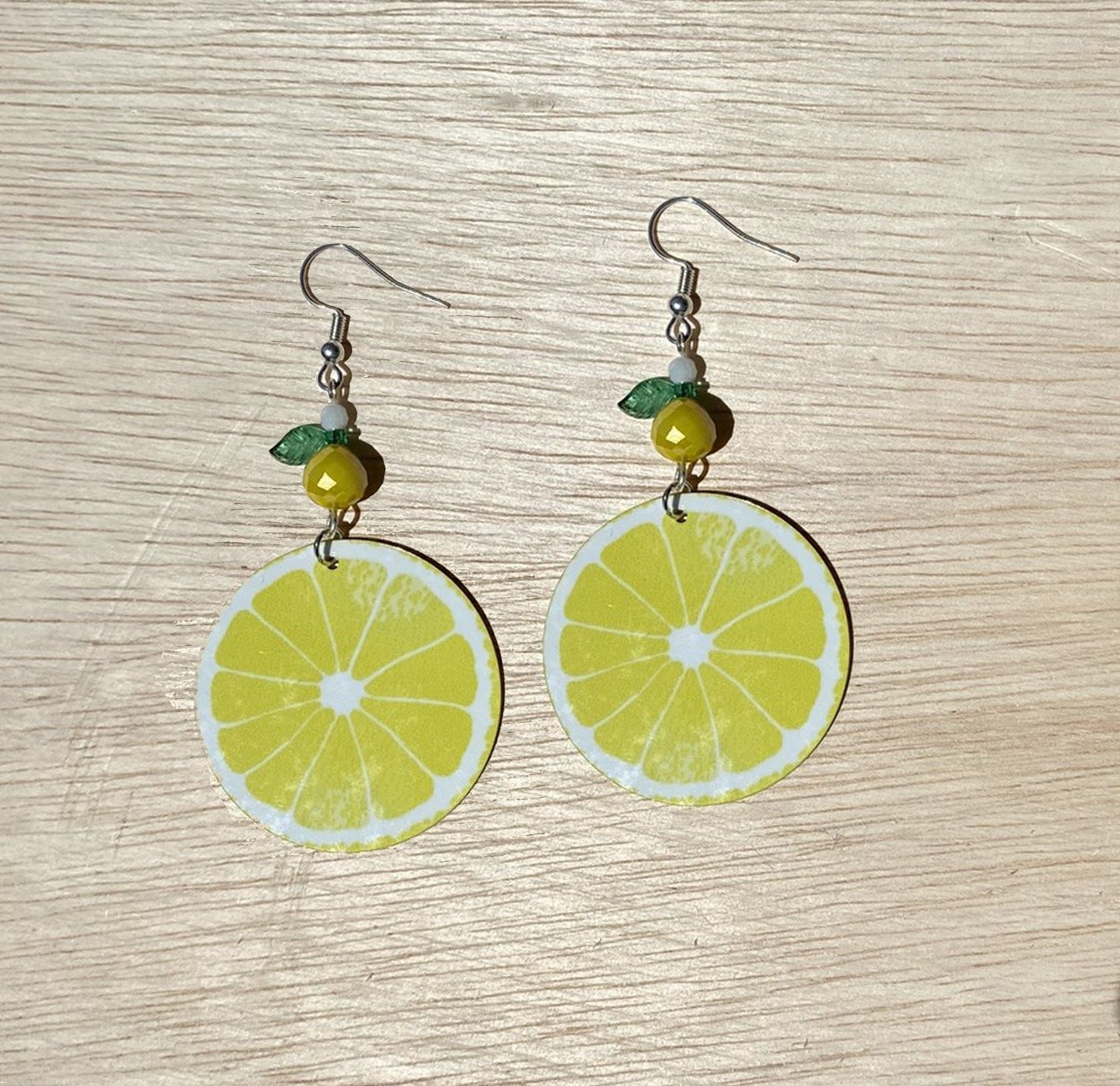 sliced lemon round Dangle Earrings with a glass beads. A Unique gift idea