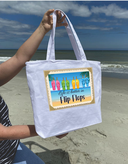 Life is better in flip flops Heavy weight cotton canvas large zippered  tote bag