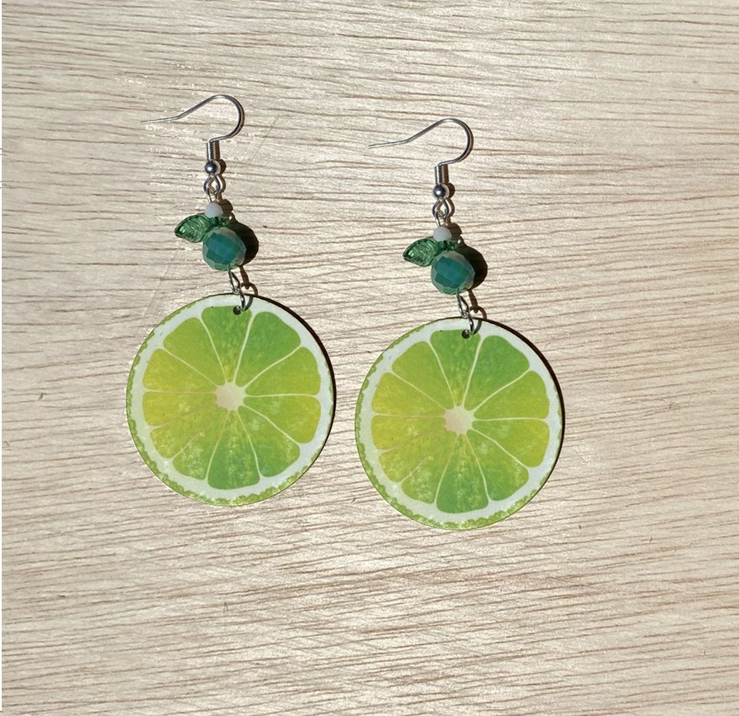 sliced lime round Dangle Earrings with a glass beads. A Unique gift idea