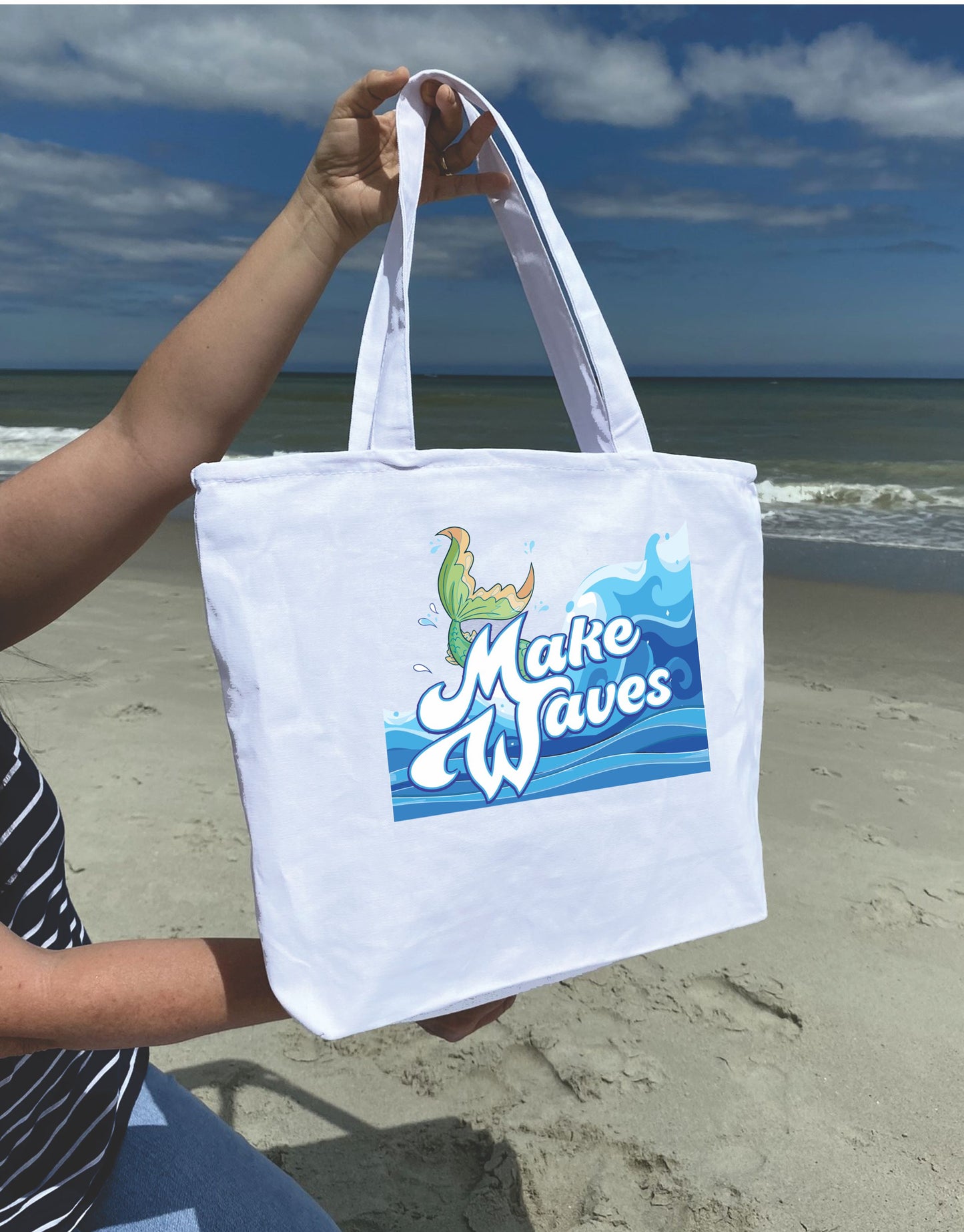 Make waves mermaid tail Heavy weight cotton canvas large zippered tote bag