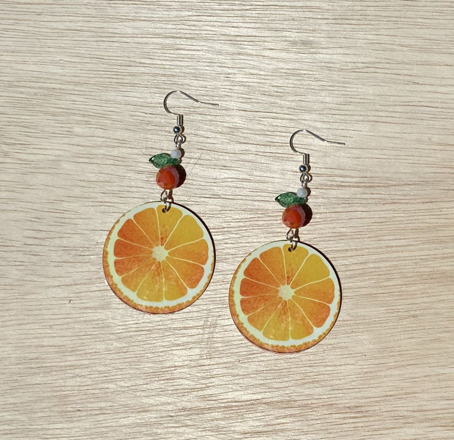 sliced orange round Dangle Earrings with a glass beads. A Unique gift idea