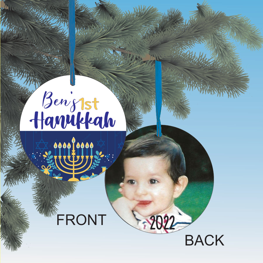 Baby first Hanukkah personalized ornament with your own photo car charm