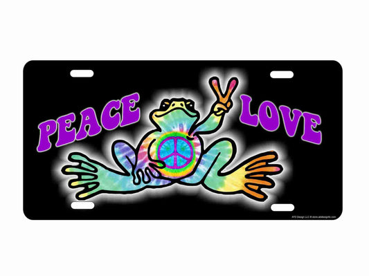 Hippie Peace and Love frog on psychedelic front license plate novelty decorative vanity aluminum sign