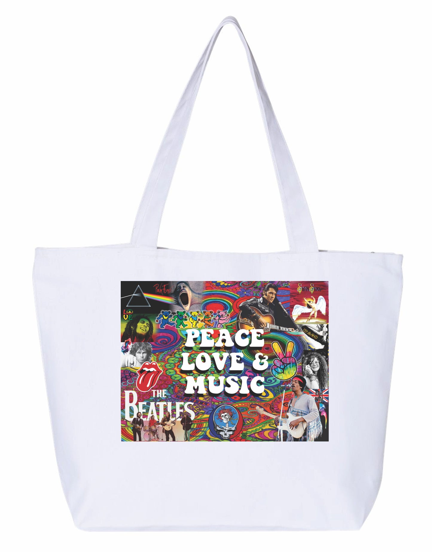 Peace love & music Heavy weight cotton canvas large zippered hippie decorated tote bag legends of rock design