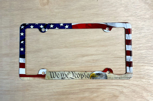 American Flag License Plate Frame, We The People with Eagle Design, 12 x 6 inches, Patriotic Car Accessory