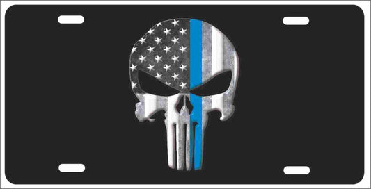 Skull Thin Blue Line American flag background personalized novelty front license plate Decorative Vanity Car Tag