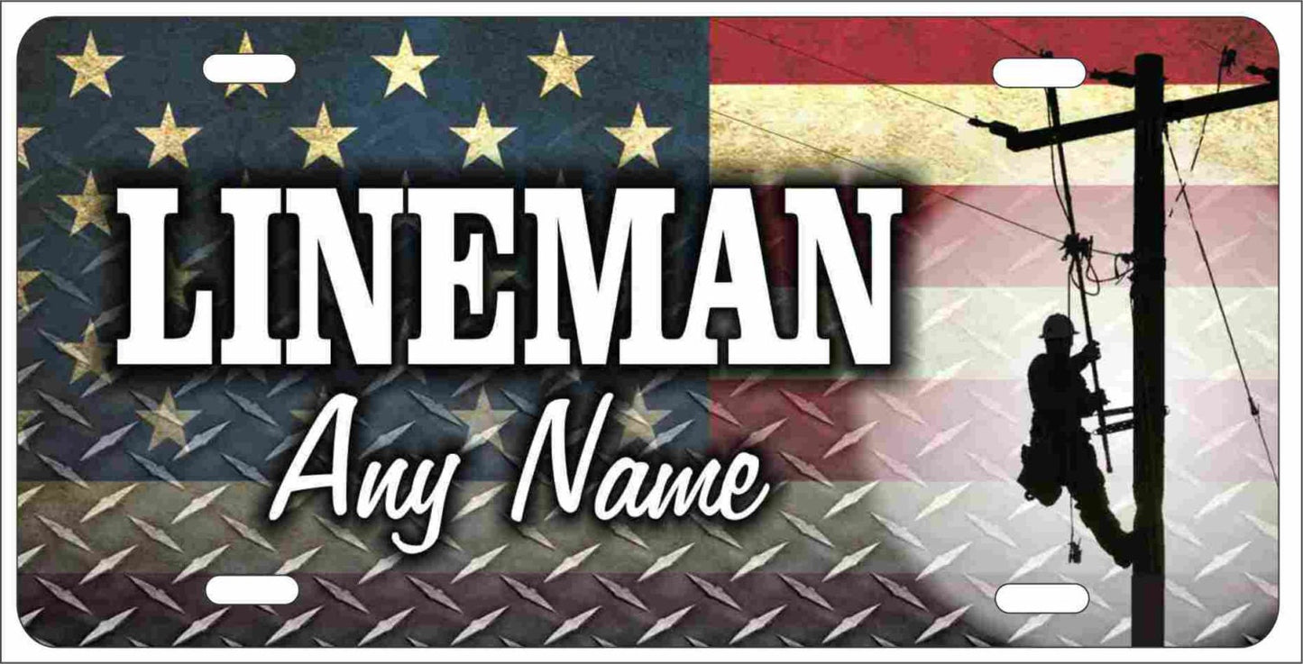 Lineman on American Flag personalized novelty front license plate Decorative Vanity car tag