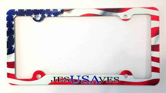 Jesus Saves USA License Plate Frame, American Flag Decorative License Plate Holder, Americana Car Tag Frame