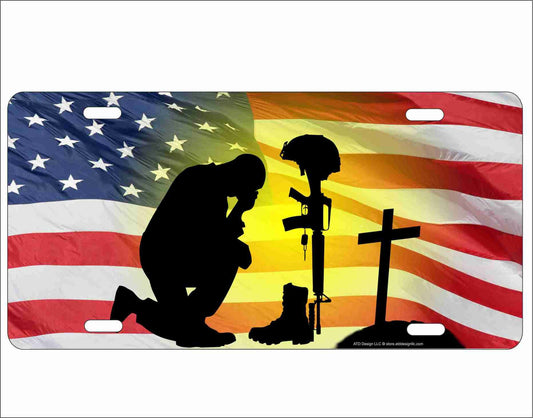 solider kneeling at a grave American flag Personalized Novelty front License Plate Decorative Vanity Aluminum sign