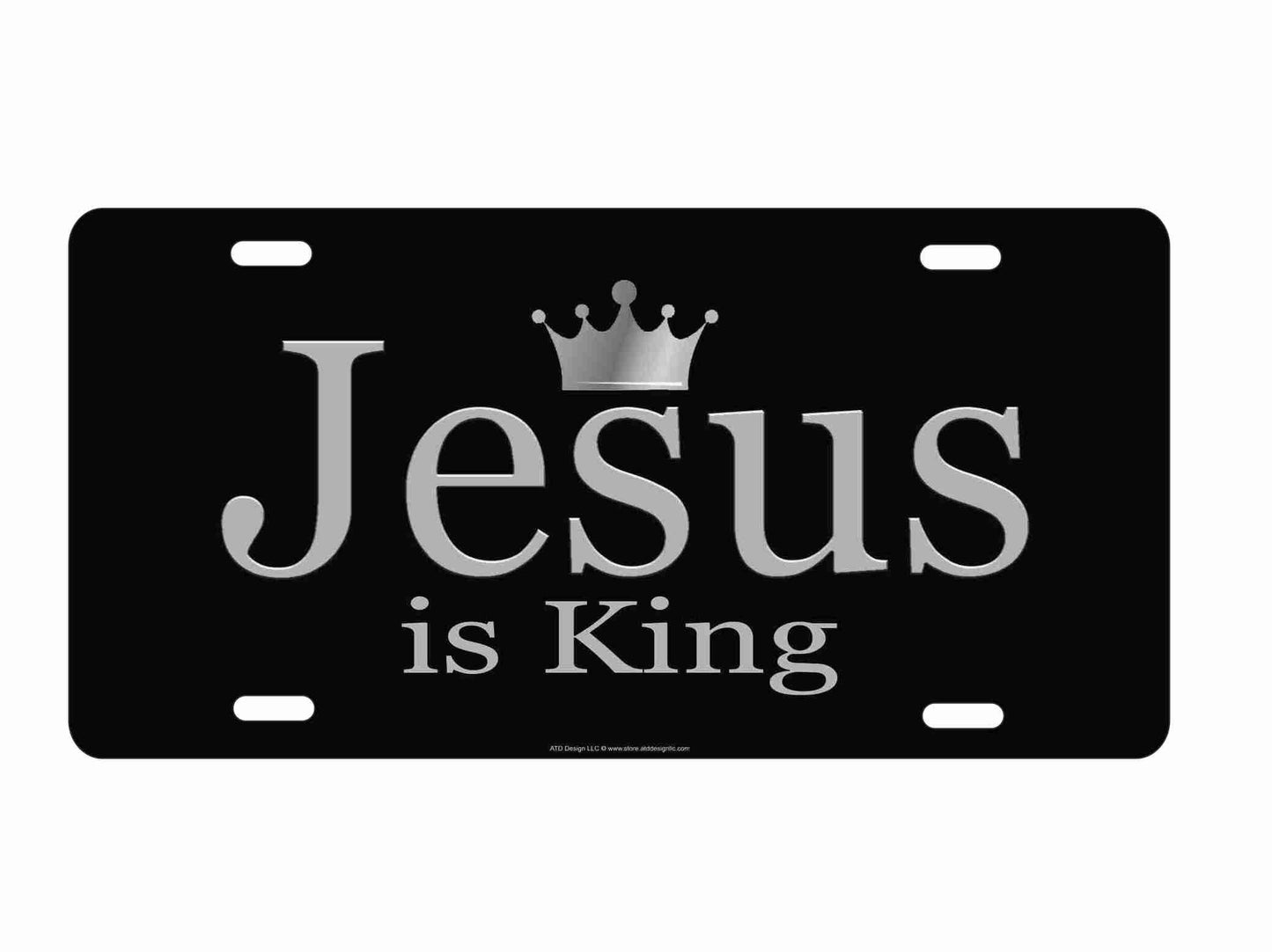Jesus is King novelty front license plate Decorative vanity aluminum car tag grey on black