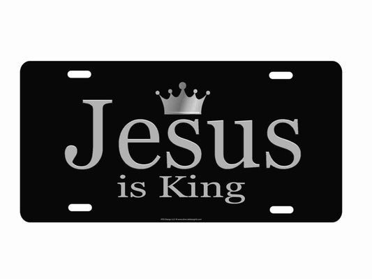 Jesus is King novelty front license plate Decorative vanity aluminum car tag grey on black