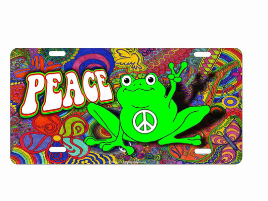 Hippie Peace green frog on psychedelic license plate novelty decorative vanity aluminum sign