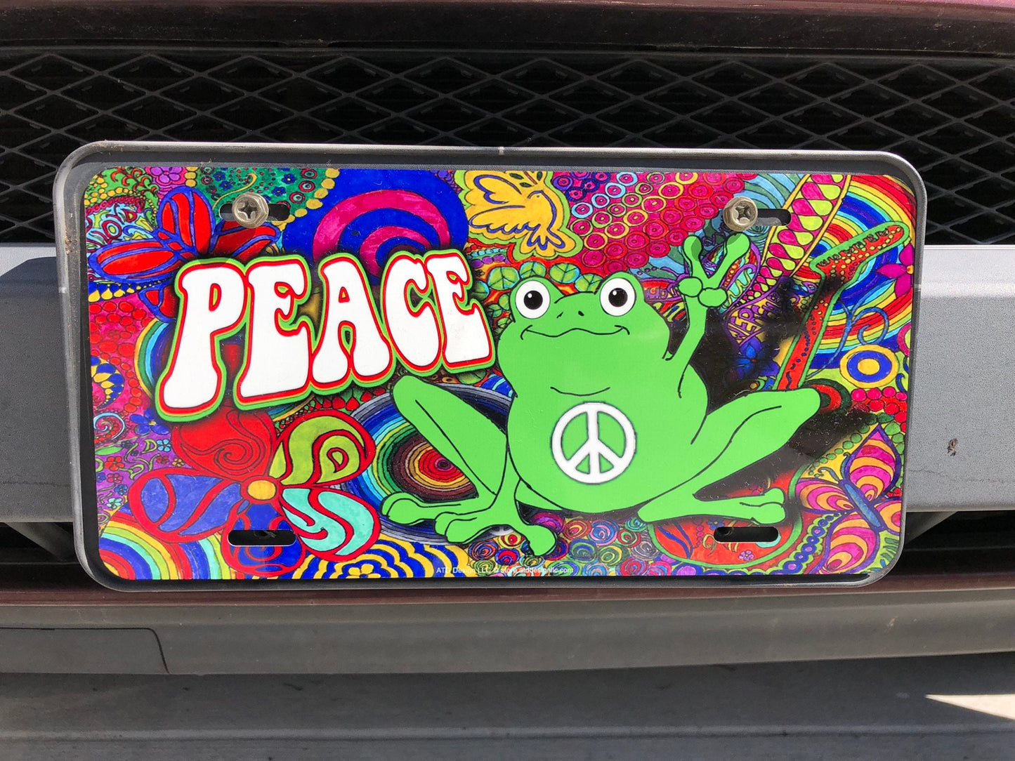 Hippie Peace green frog on psychedelic license plate novelty decorative vanity aluminum sign