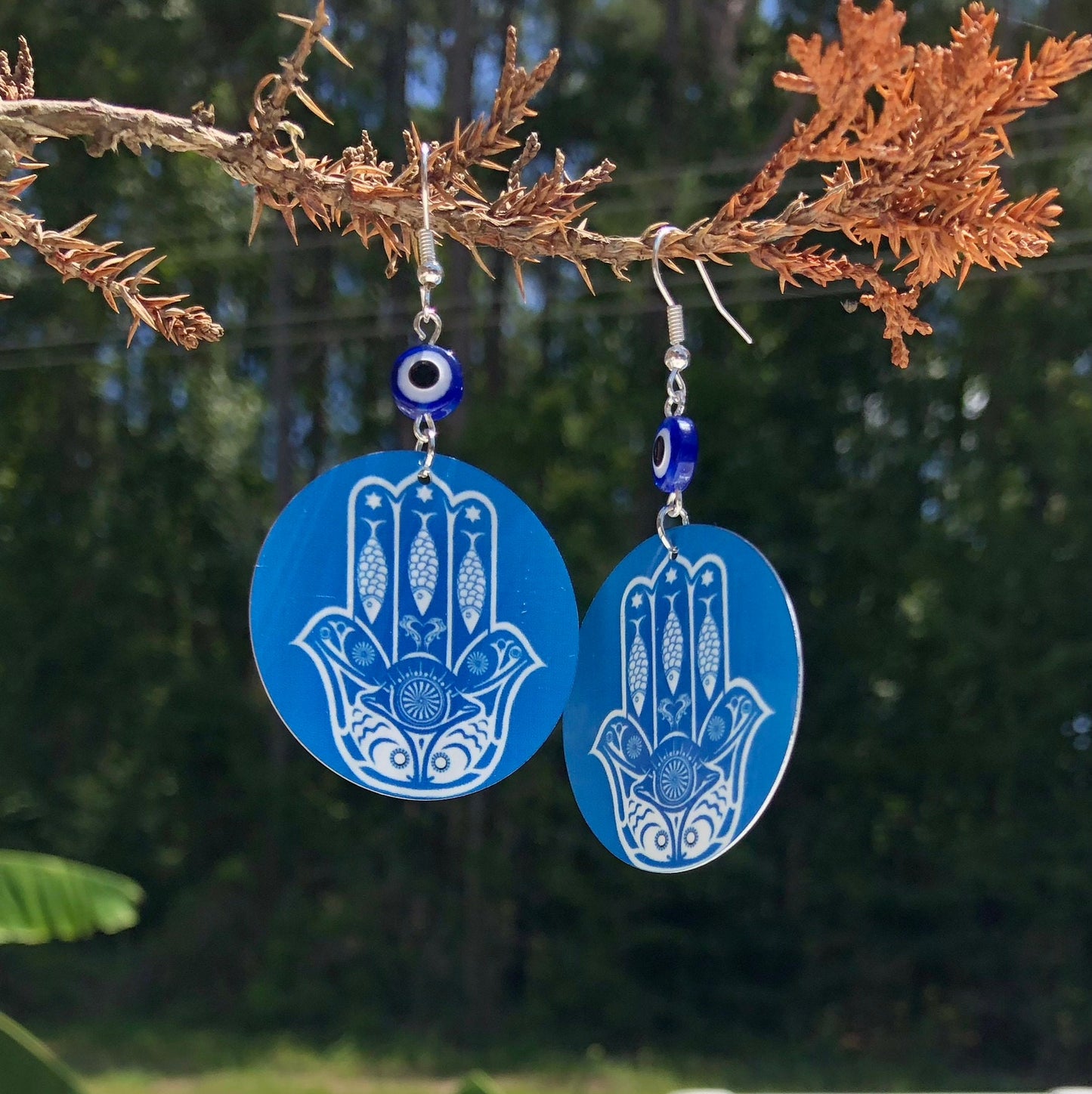 Hamsa round Dangle Earrings with evil eye beads. a Unique gift idea