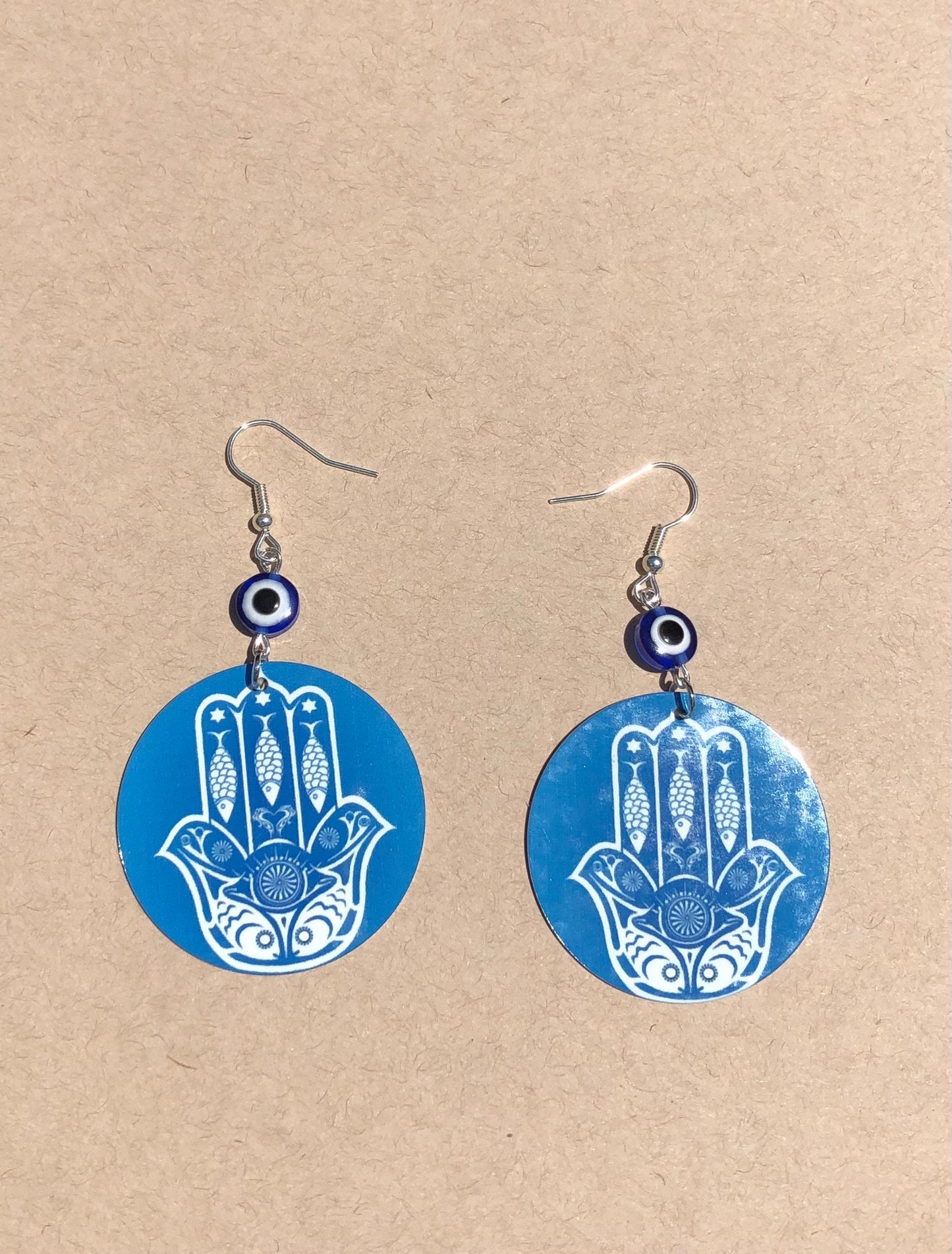 Hamsa round Dangle Earrings with evil eye beads. a Unique gift idea