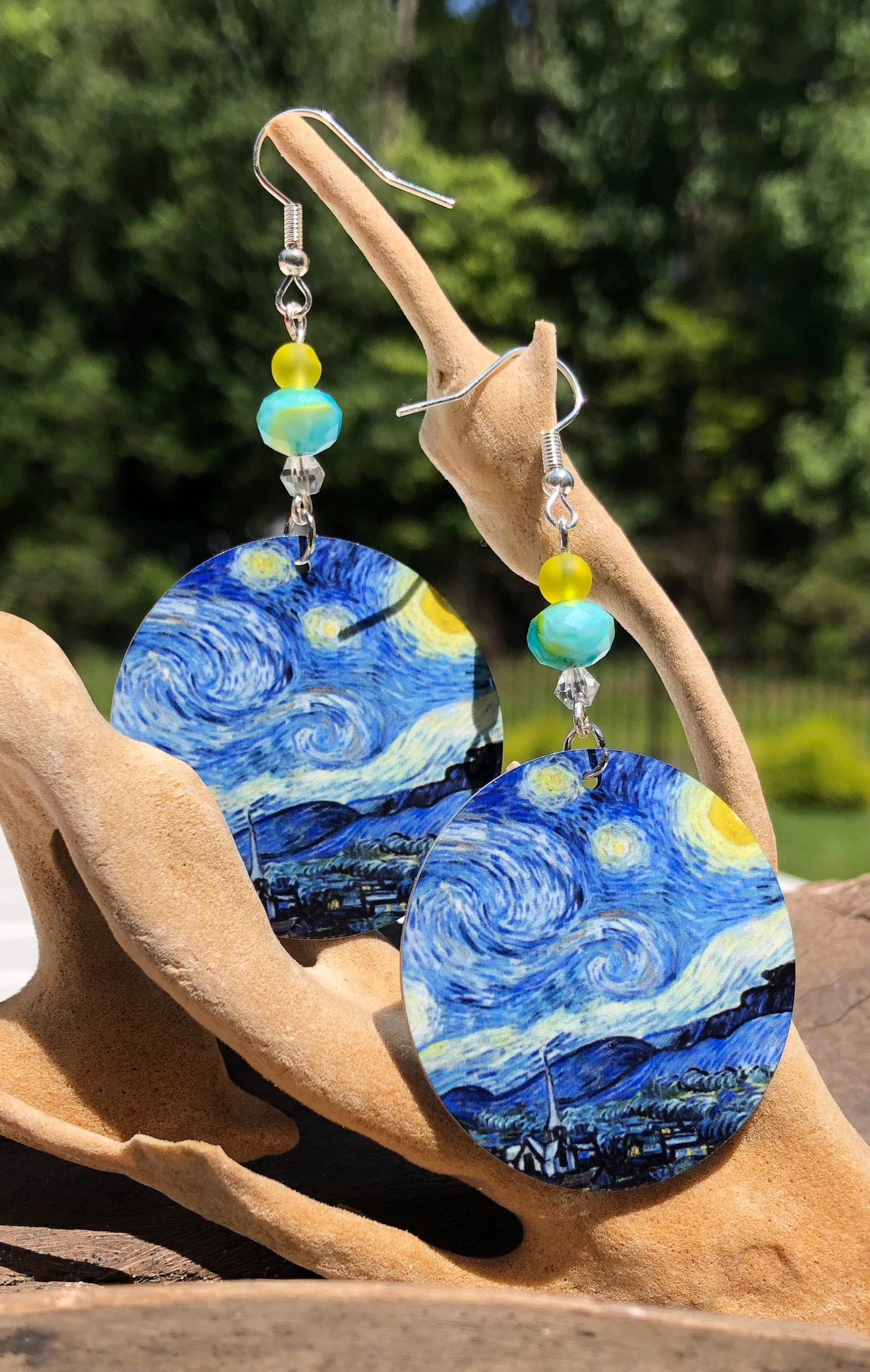 Van Gogh starry night round Dangle Earrings with glass beads. A Unique gift idea