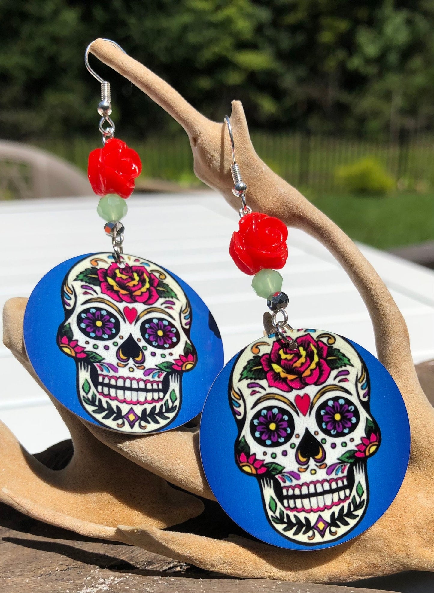 Sugar skull round Dangle Earrings with a red rose bead. A Unique gift idea