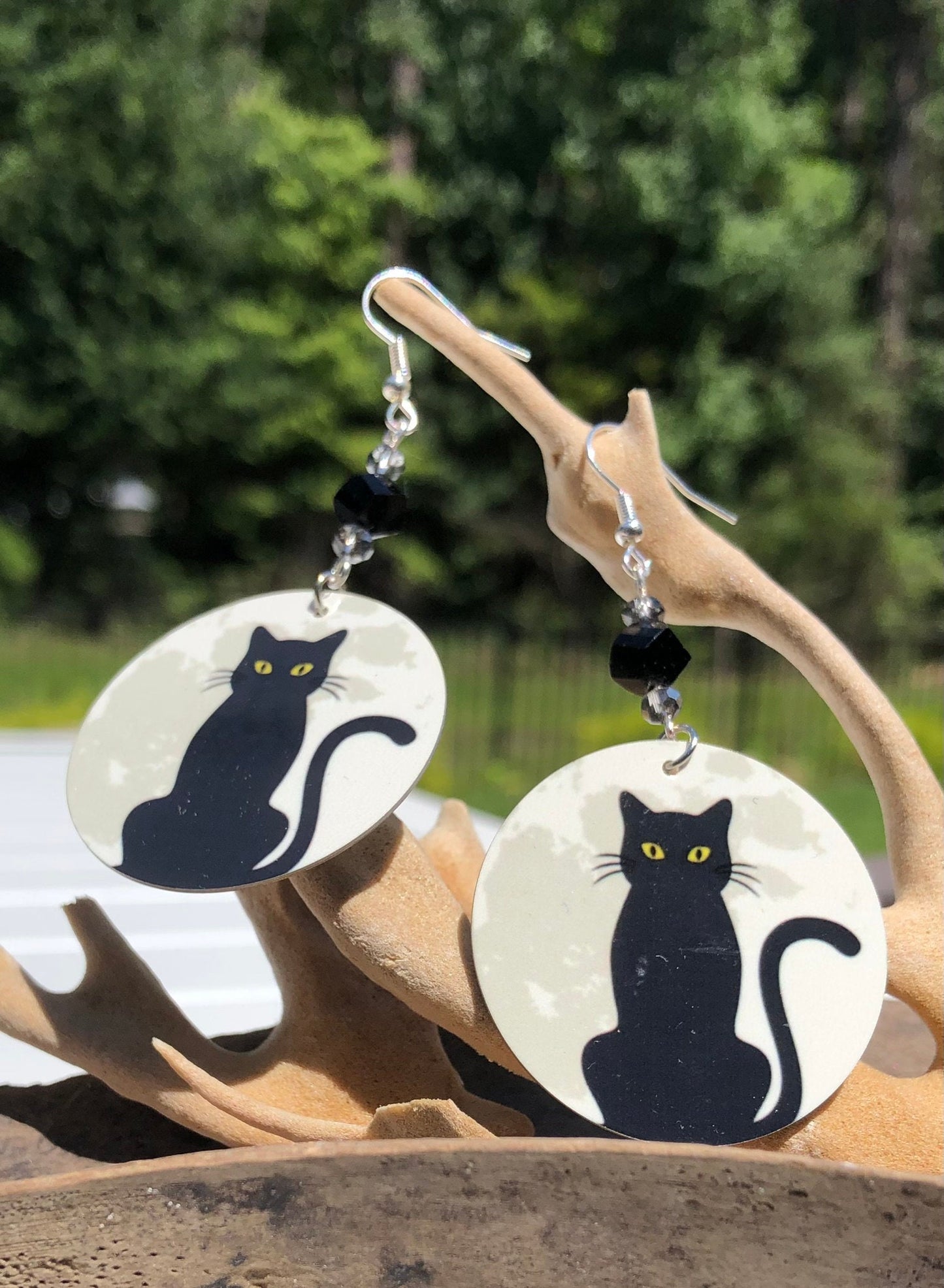 Cat and moon round Dangle Earrings with a black bead. A Unique gift idea
