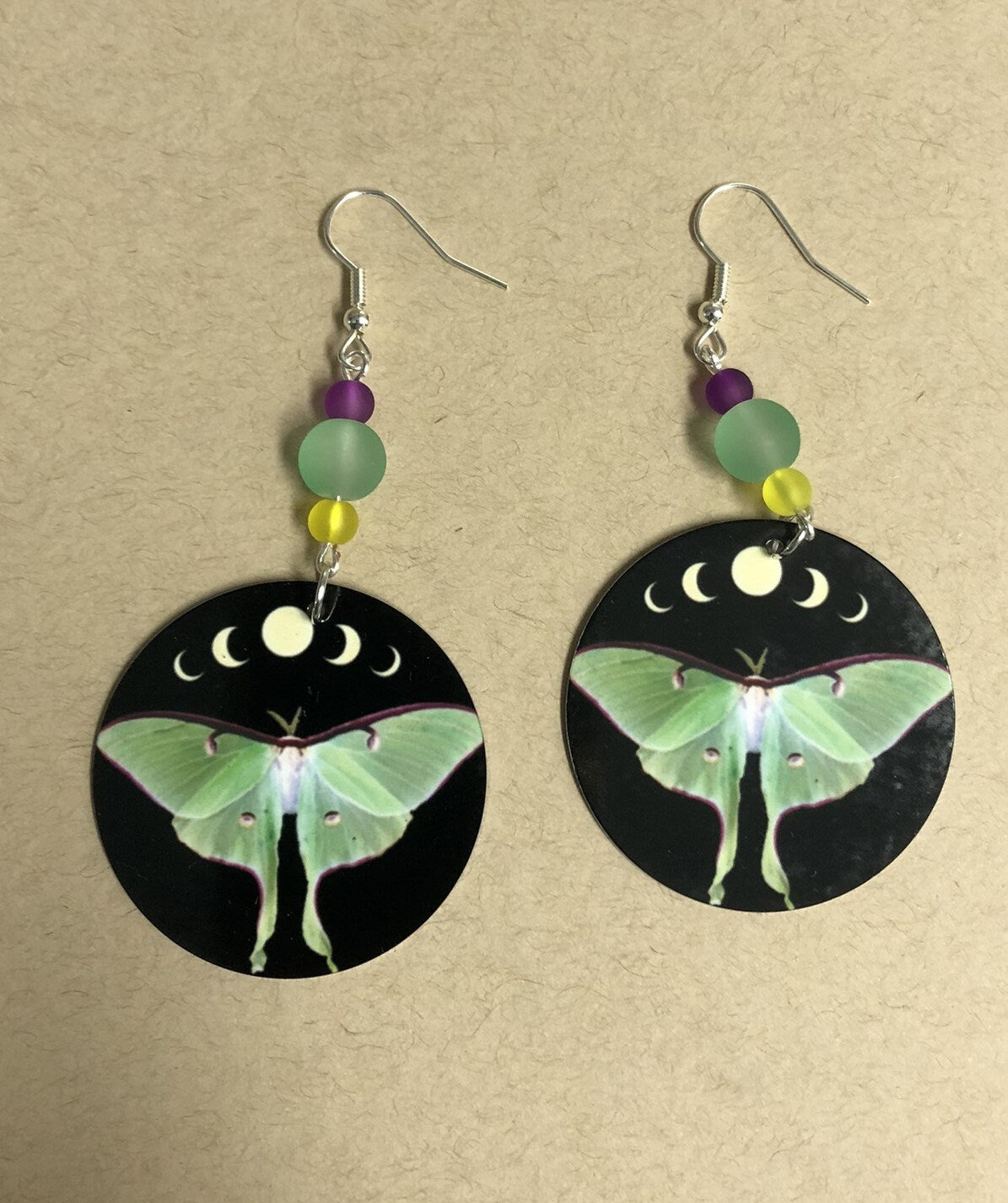 Luna moth and moon phases round Dangle Earrings with a glass beads. A Unique gift idea