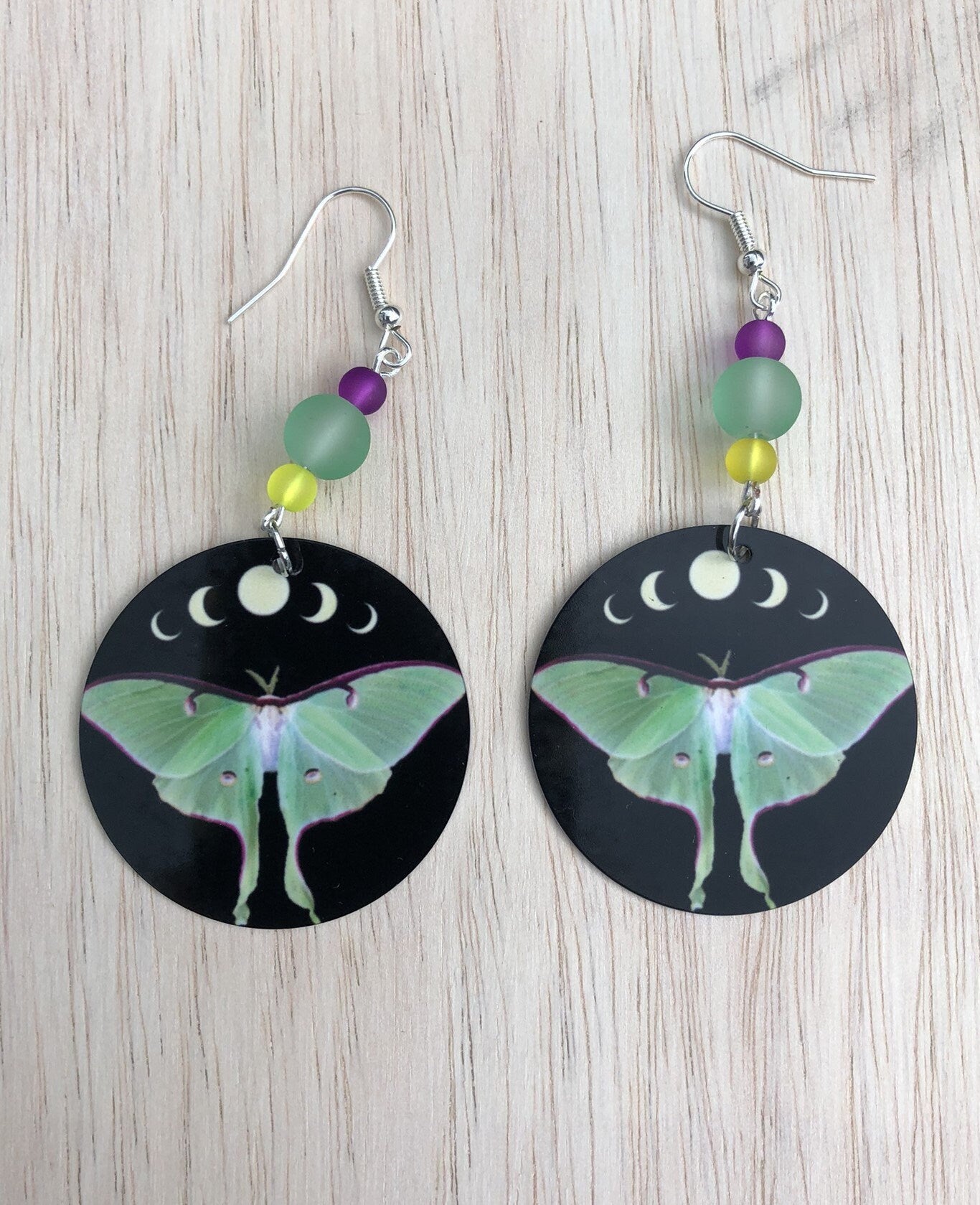 Luna moth and moon phases round Dangle Earrings with a glass beads. A Unique gift idea