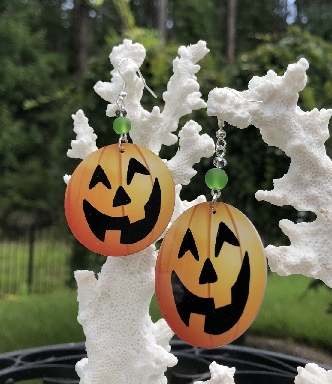 Pumpkin face round Dangle Earrings with a glass beads. A Unique gift idea for halloween