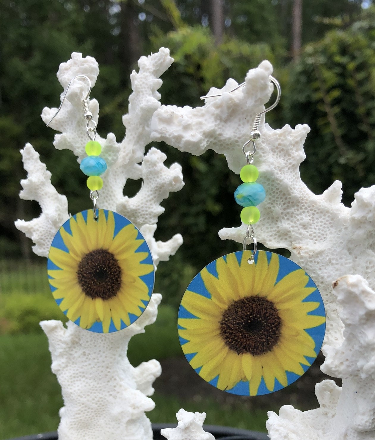 Sunflower round Dangle Earrings with a glass beads. A Unique gift idea