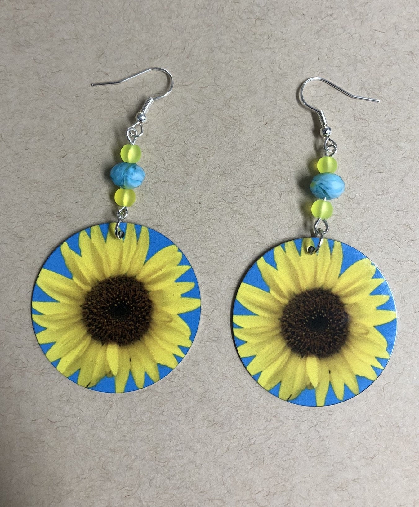 Sunflower round Dangle Earrings with a glass beads. A Unique gift idea