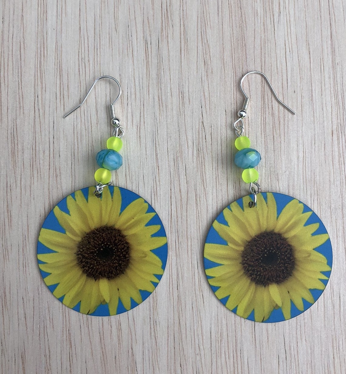 Sunflower round Dangle Earrings with a glass beads. A Unique gift idea