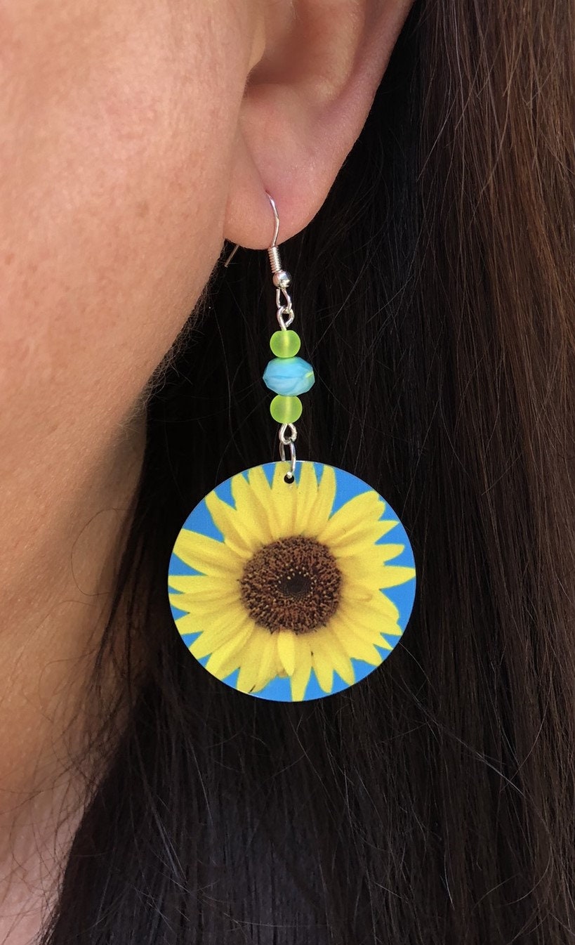 Sunflower round Dangle Earrings with a glass beads. A Unique gift idea