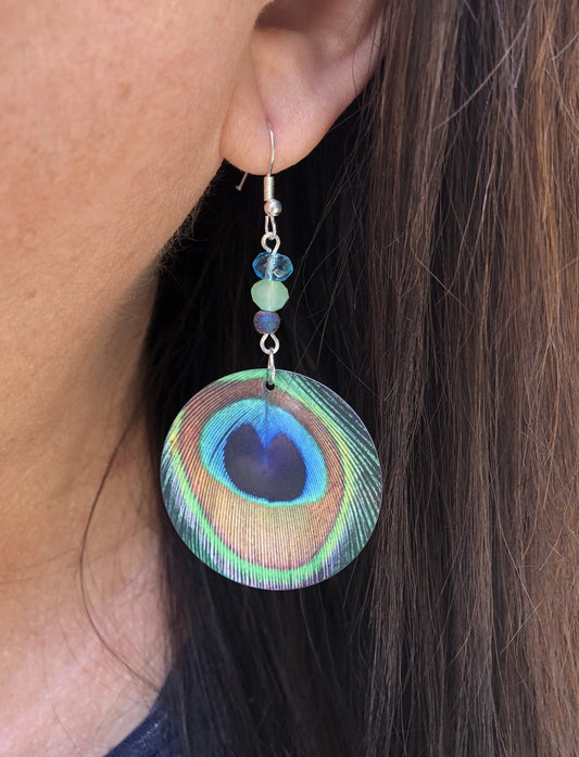 peacock feather round Dangle Earrings with a glass beads. A Unique gift idea