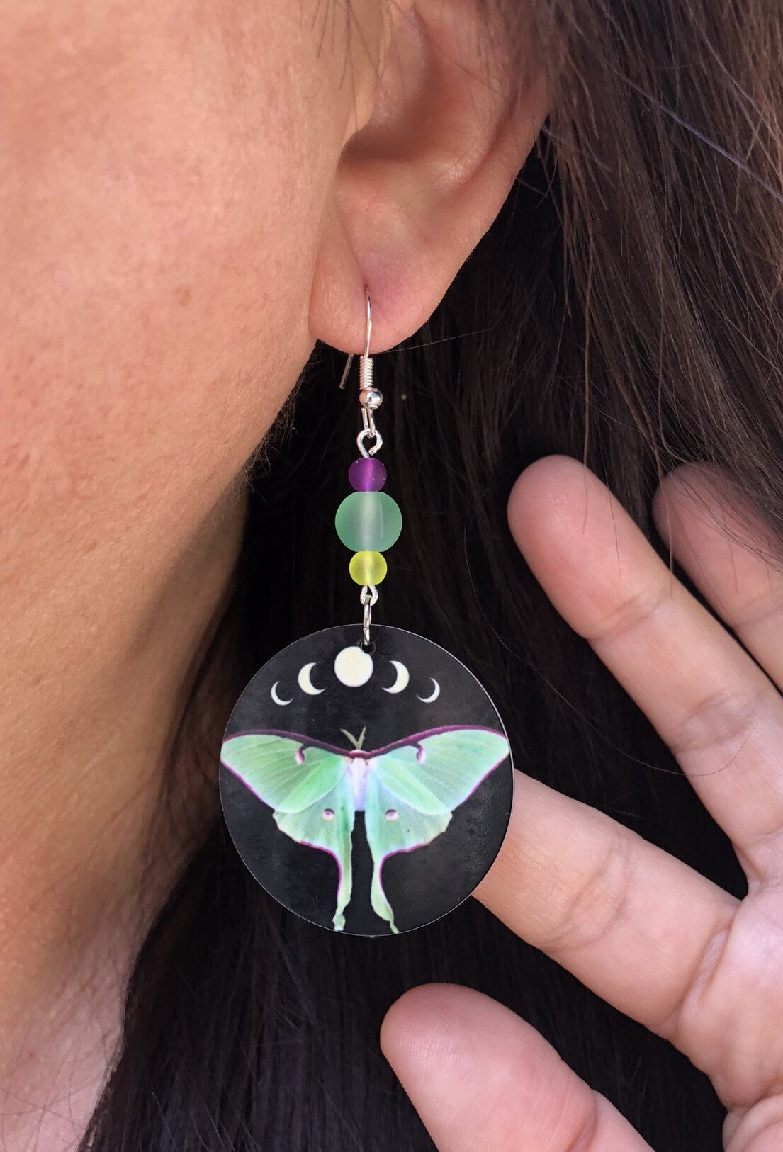 Luna moth and moon phases round Dangle Earrings with a glass beads. A Unique gift idea