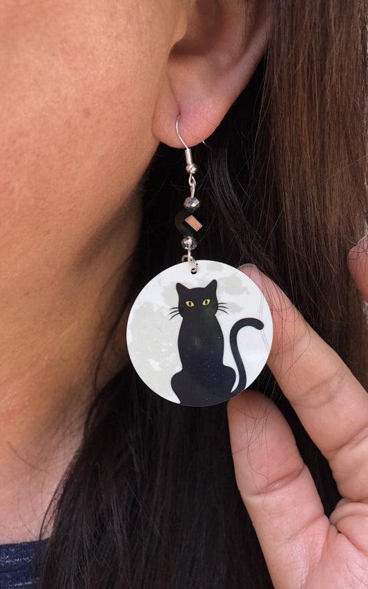 Cat and moon round Dangle Earrings with a black bead. A Unique gift idea