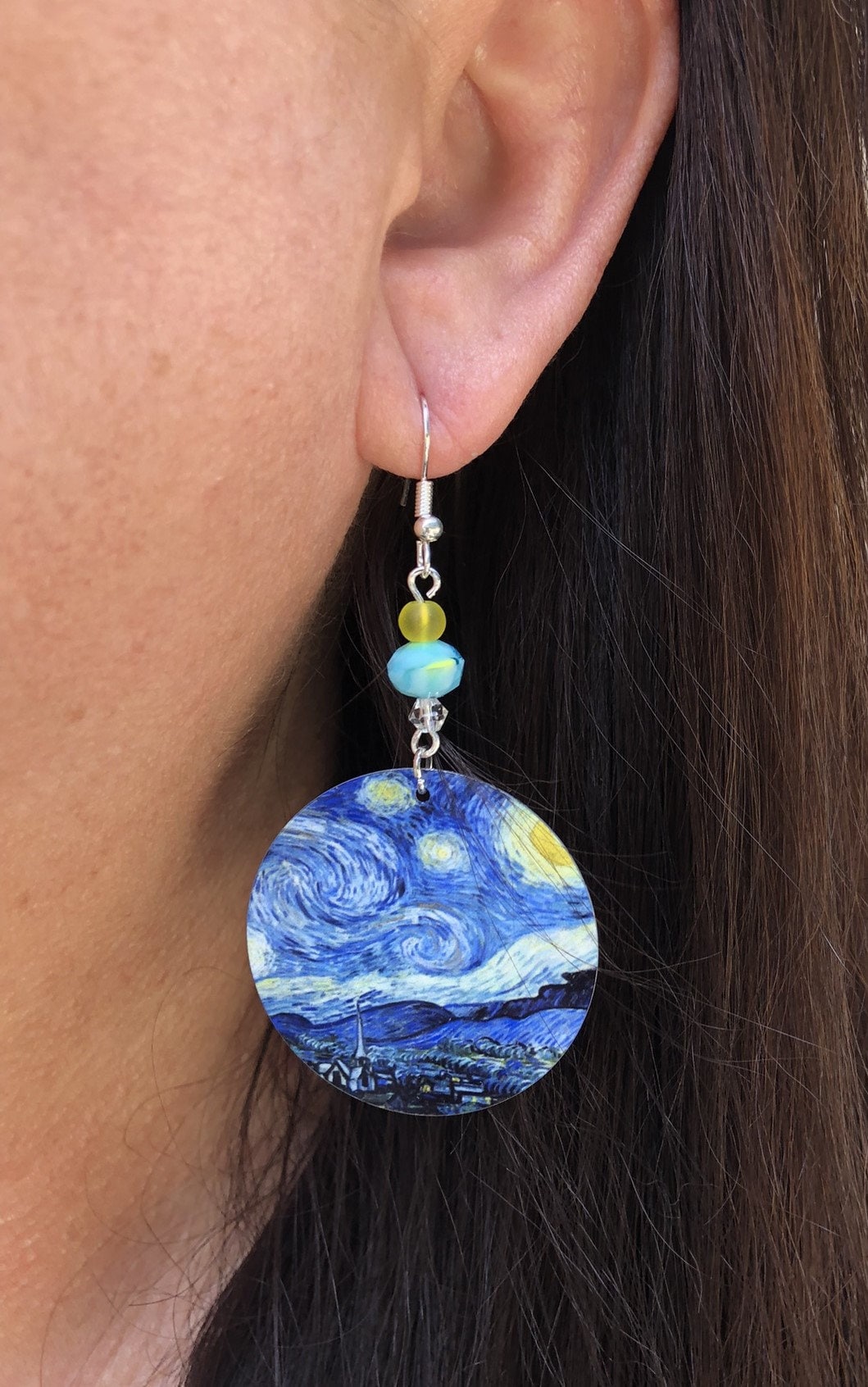 Van Gogh starry night round Dangle Earrings with glass beads. A Unique gift idea