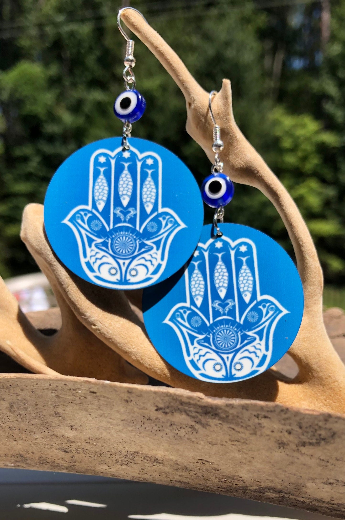 Hamsa round Dangle Earrings with evil eye beads. a Unique gift idea