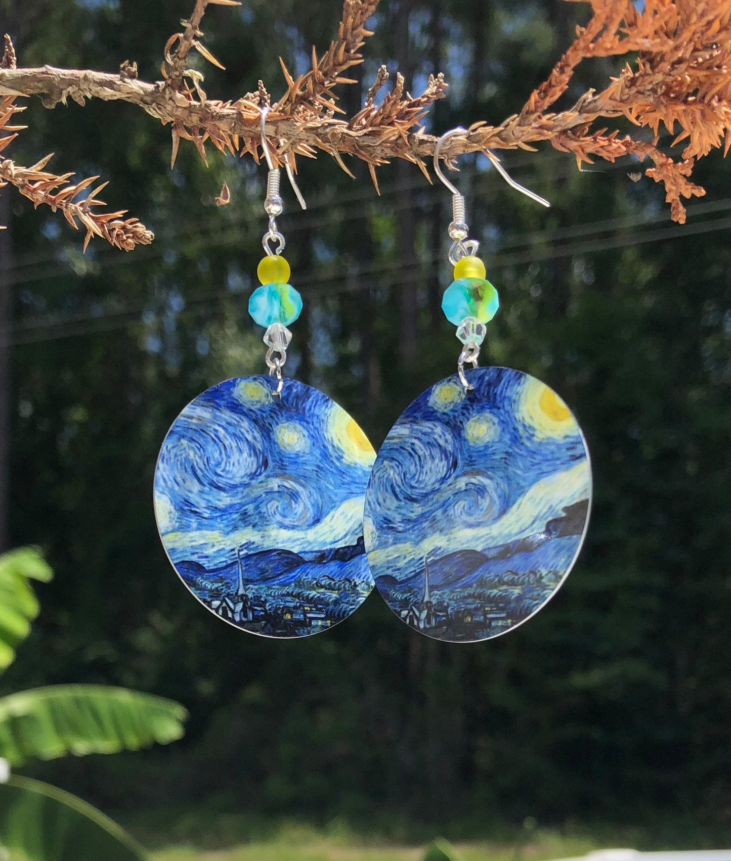 Van Gogh starry night round Dangle Earrings with glass beads. A Unique gift idea