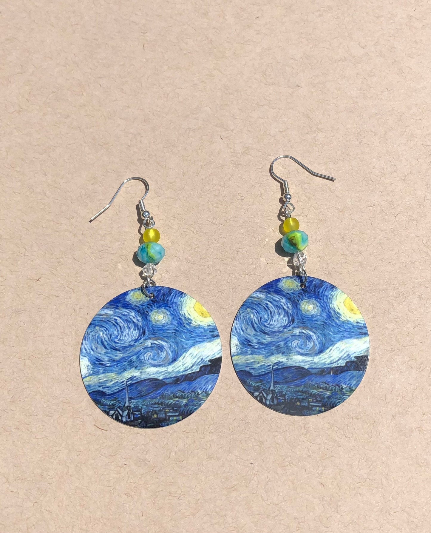 Van Gogh starry night round Dangle Earrings with glass beads. A Unique gift idea