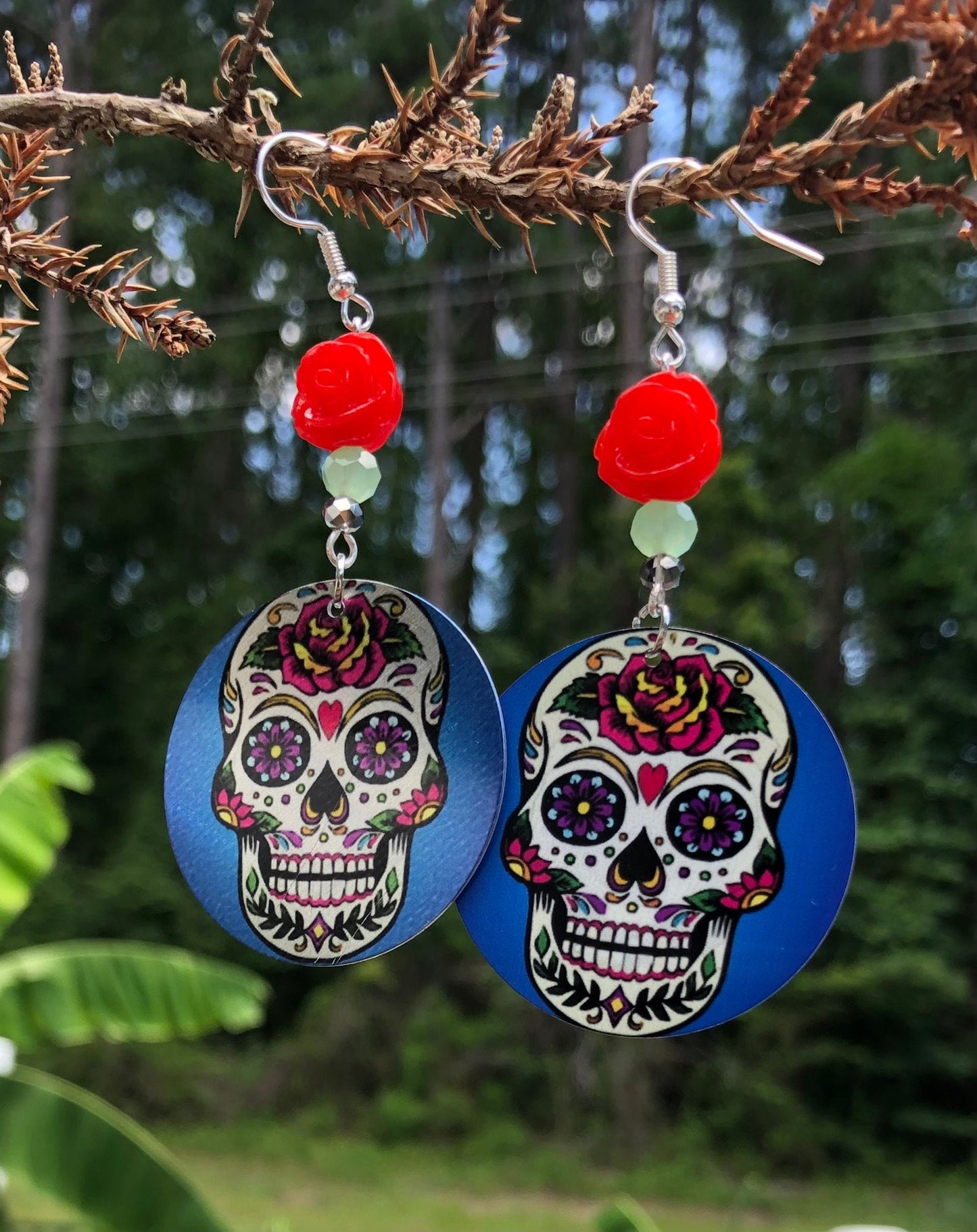 Sugar skull round Dangle Earrings with a red rose bead. A Unique gift idea