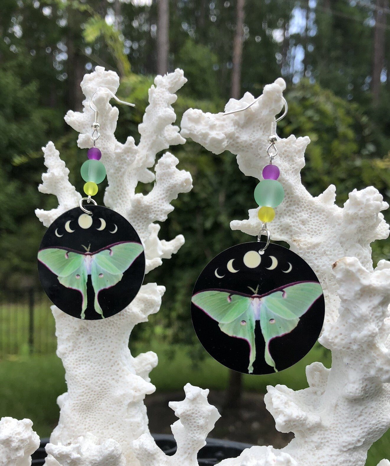 Luna moth and moon phases round Dangle Earrings with a glass beads. A Unique gift idea