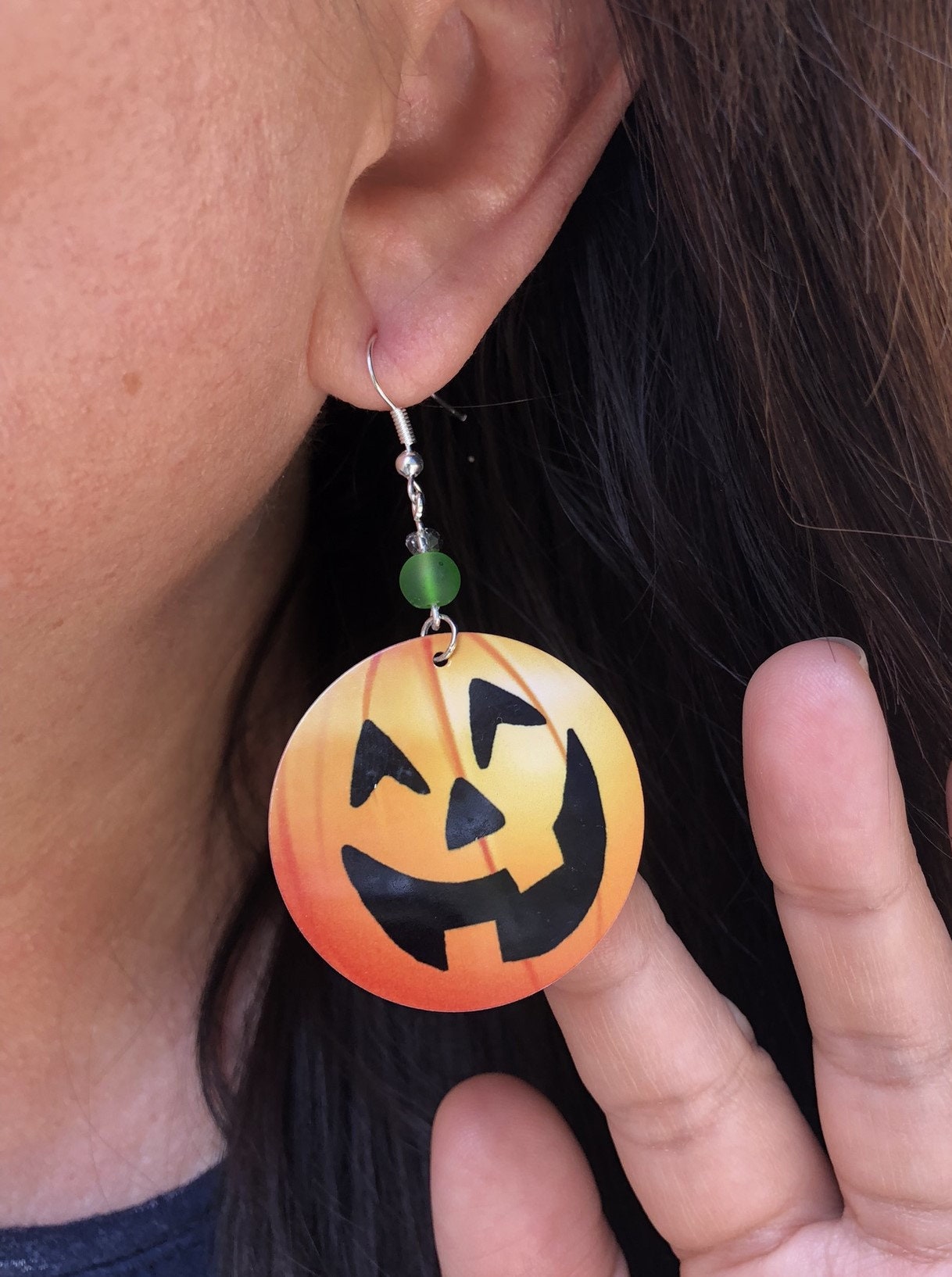 Pumpkin face round Dangle Earrings with a glass beads. A Unique gift idea for halloween