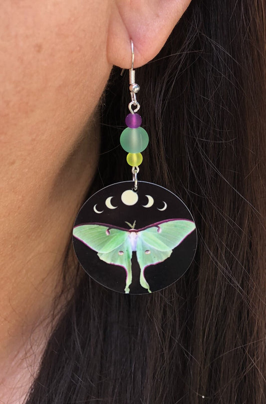 Luna moth and moon phases round Dangle Earrings with a glass beads. A Unique gift idea