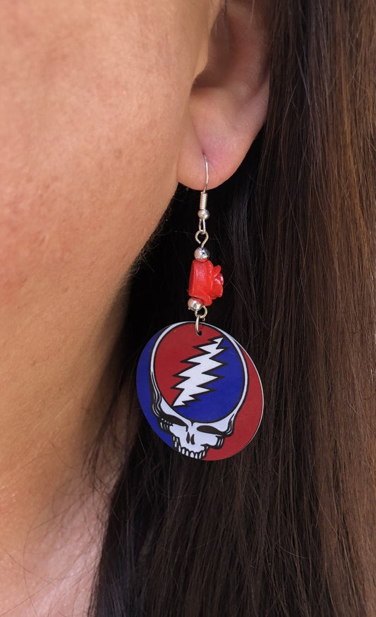 Steal your face round Dangle Earrings with a red rose bead. A Unique gift idea