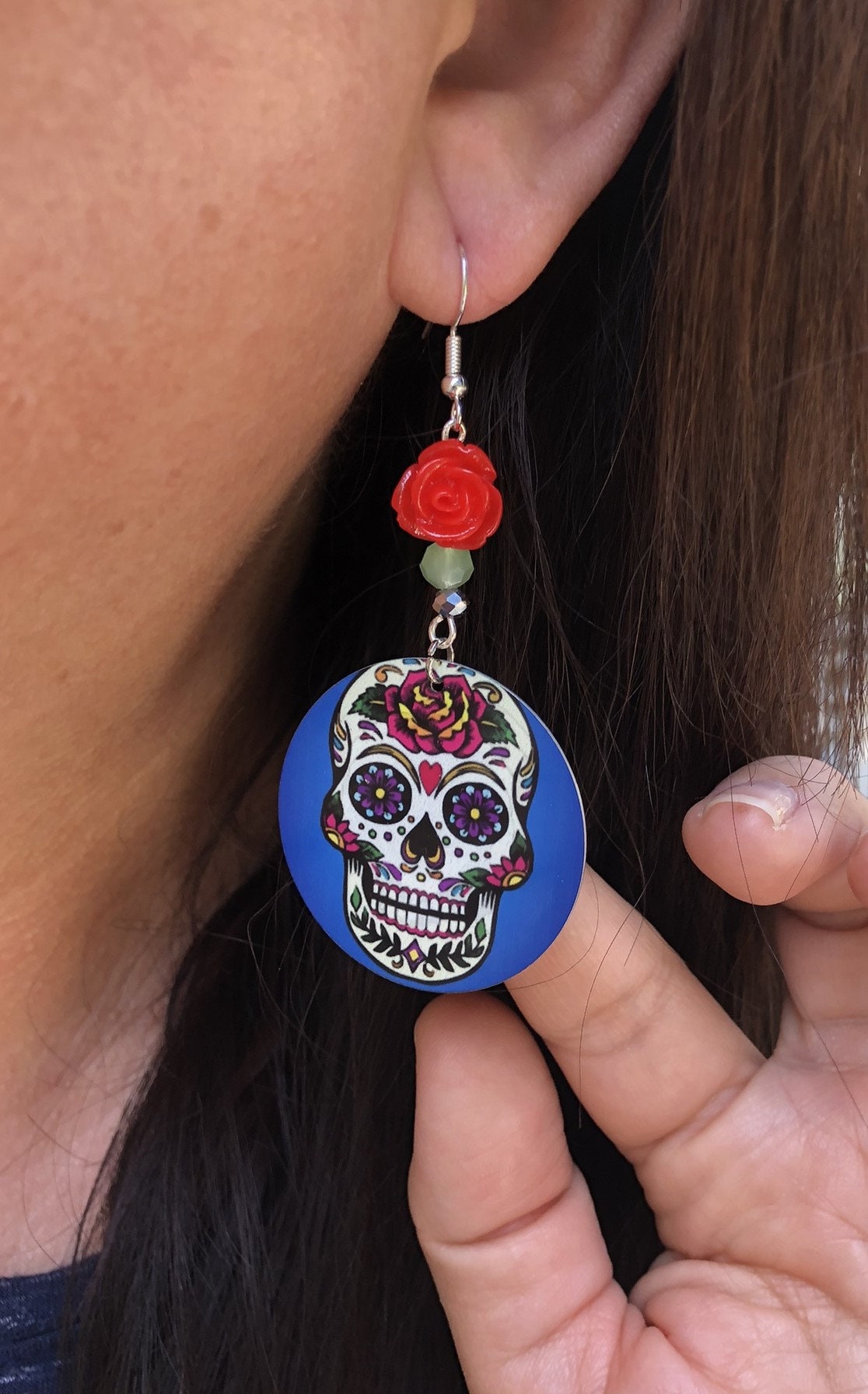 Sugar skull round Dangle Earrings with a red rose bead. A Unique gift idea