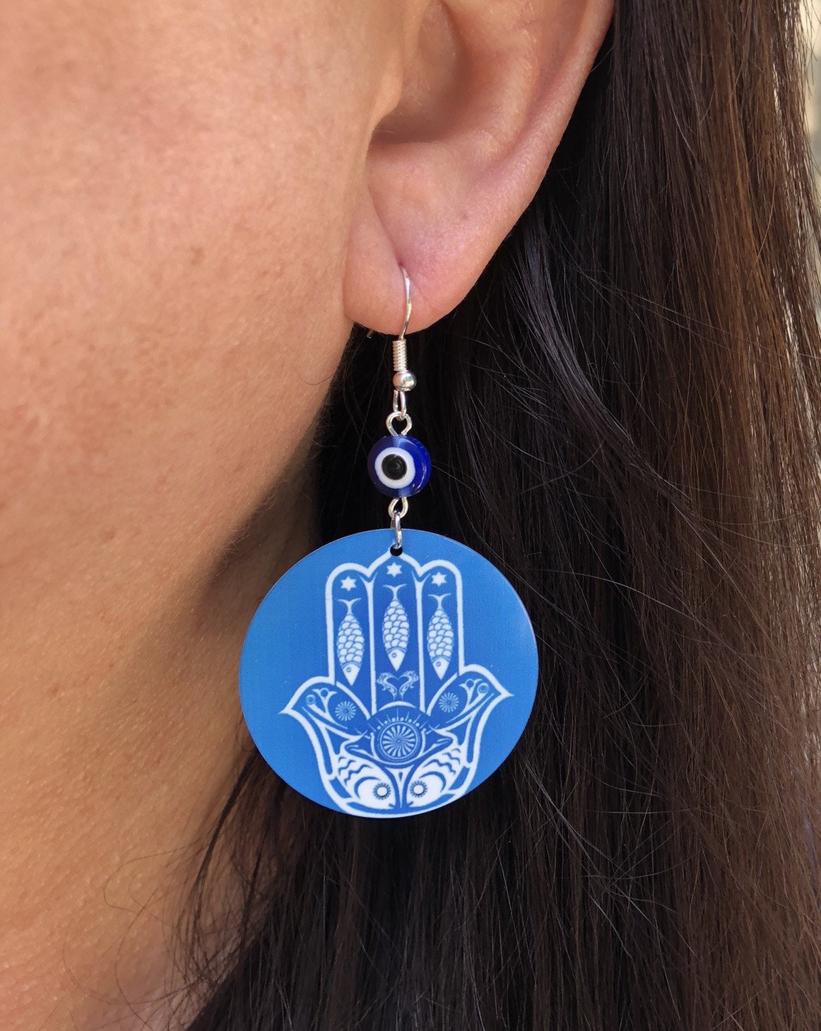 Hamsa round Dangle Earrings with evil eye beads. a Unique gift idea