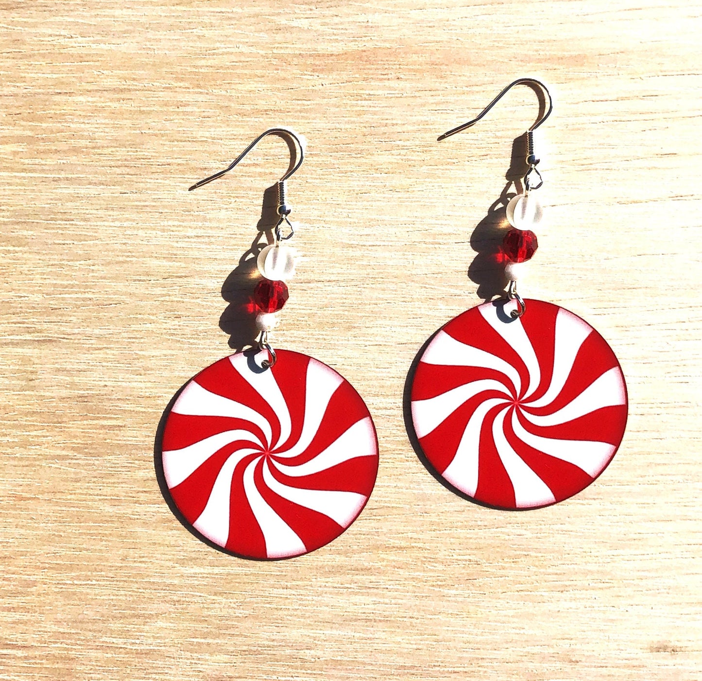 Christmas candy round Dangle Earrings with glass beads. A Unique gift idea