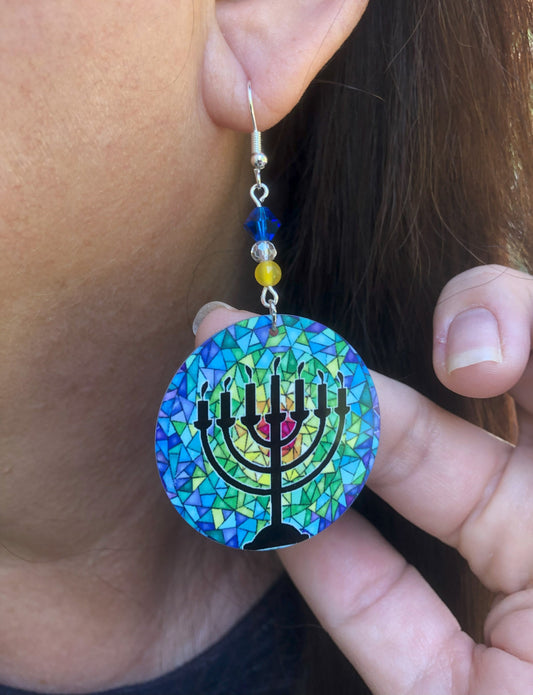 7 candle menora round Dangle Earrings with glass beads. A Unique gift idea for Chanukkah