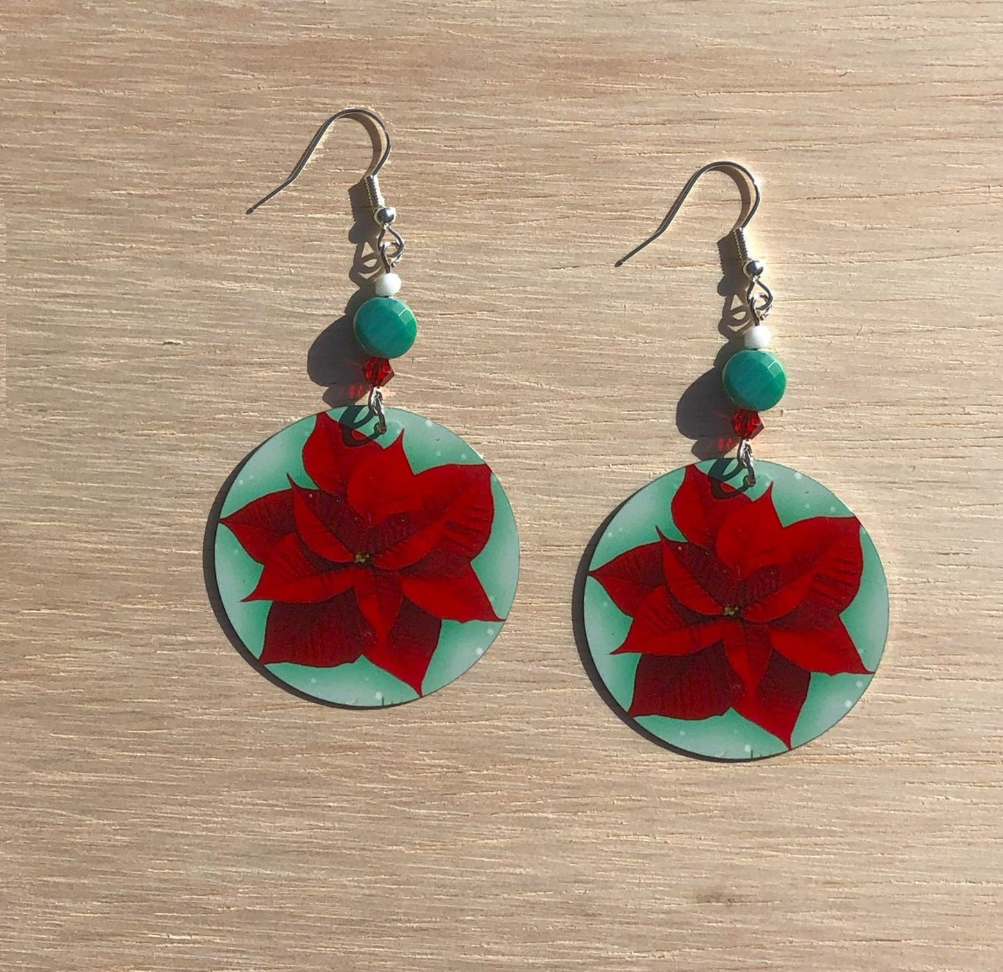 Poinsetta round Dangle Earrings with glass beads. A Unique gift idea