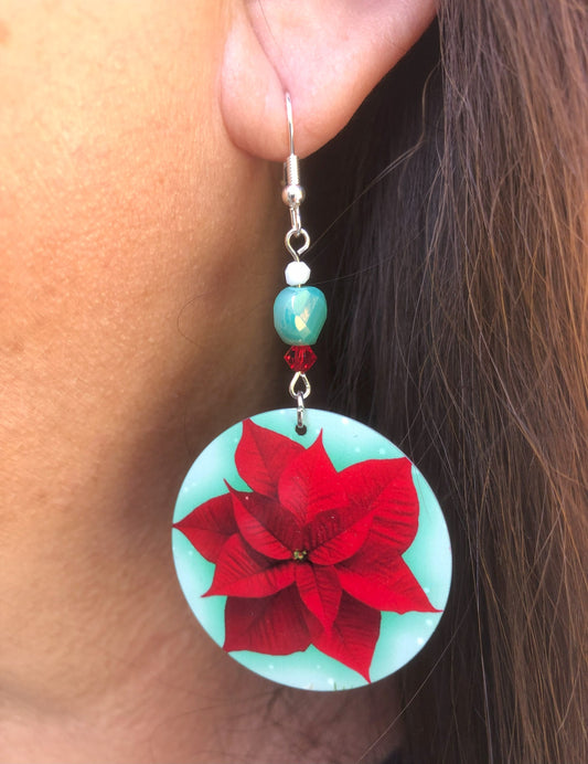 Poinsetta round Dangle Earrings with glass beads. A Unique gift idea